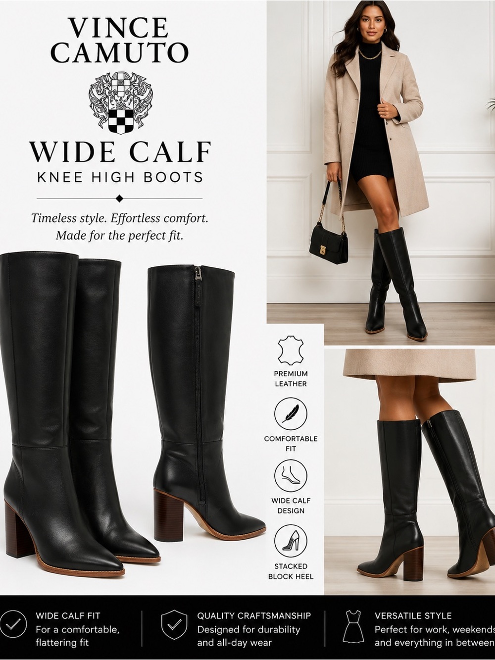 Vince Camuto Black Leather Wide-Calf Knee High Boots